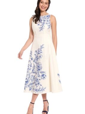 London Times Cream Midi Dress with Blue Floral Print